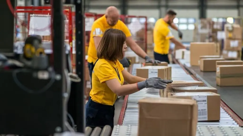 Workers checking parcels on a packing line