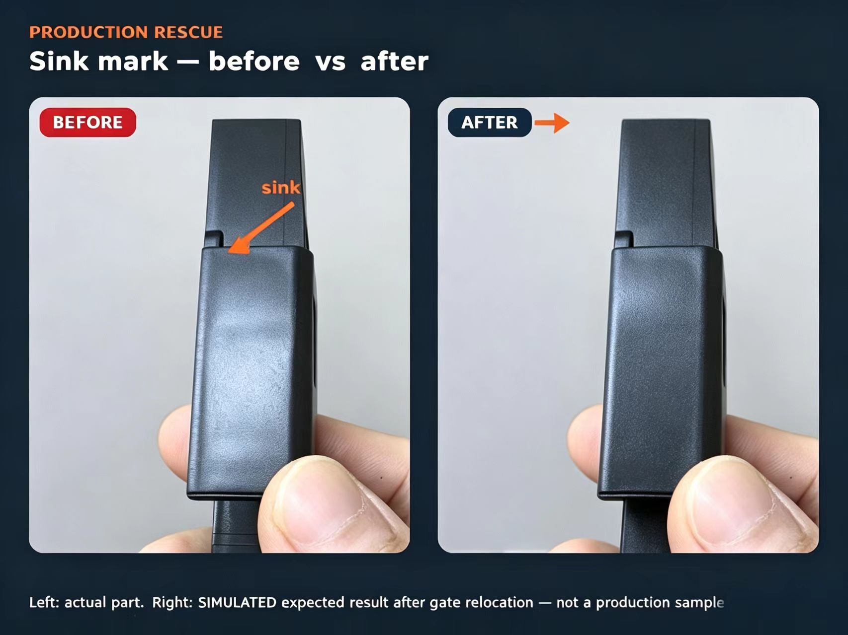 Sink mark before vs after comparison