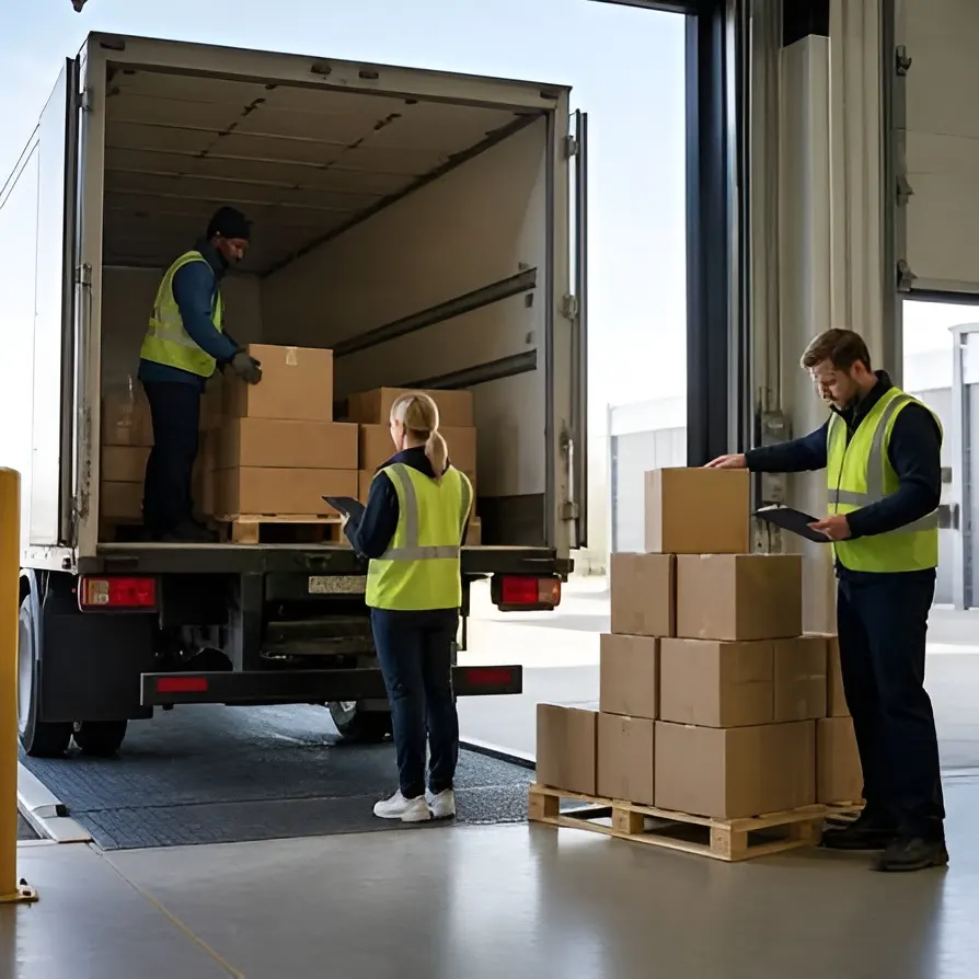 Warehouse workers loading cartons into a delivery truck