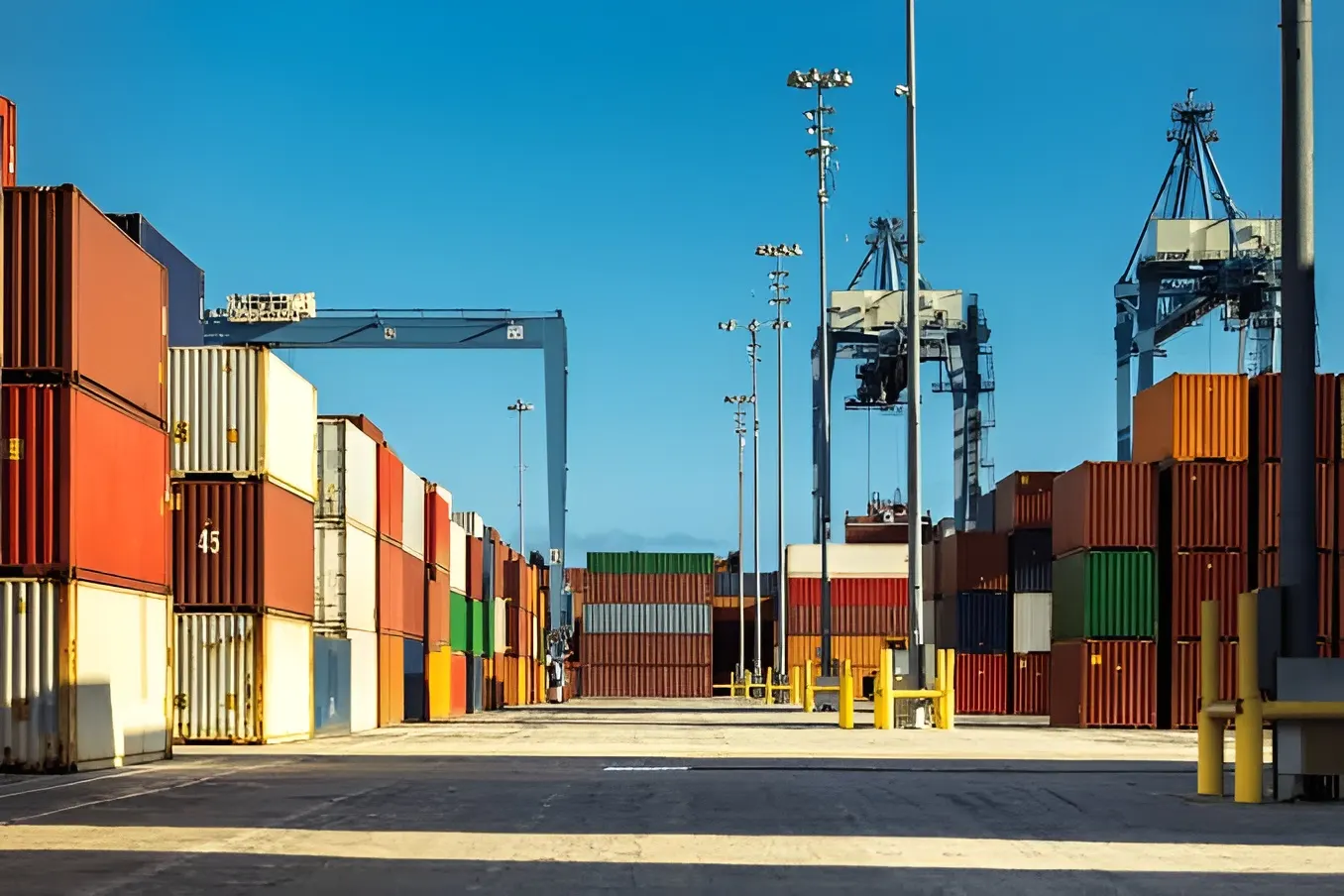 Shipping containers and cranes at a freight terminal